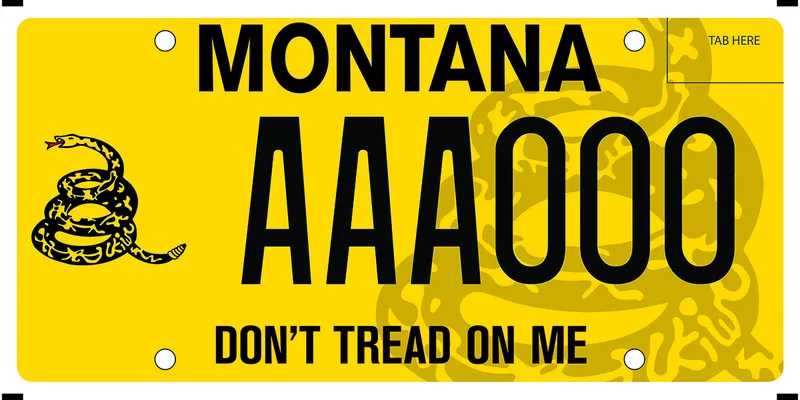 A yellow license plate with black text. A coiled rattlesnake is on left. Bottom says Don't Tread On Me.