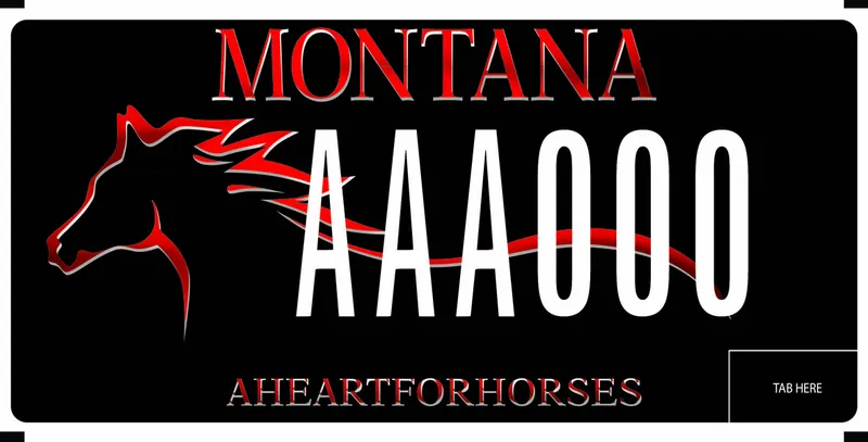 A black license plate with white and red text. A silhouette graphic of a horse with a red outline across plate. Text at bottom of plate says A Heart for Horses.