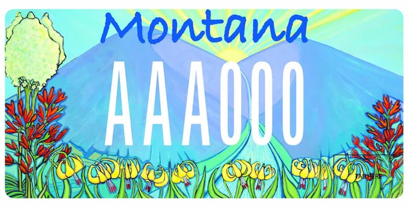 A license plate with white and blue text. An illustration of mountains with sun shining between two peaks. Indian paintbrushes and shooting star flowers at bottom.