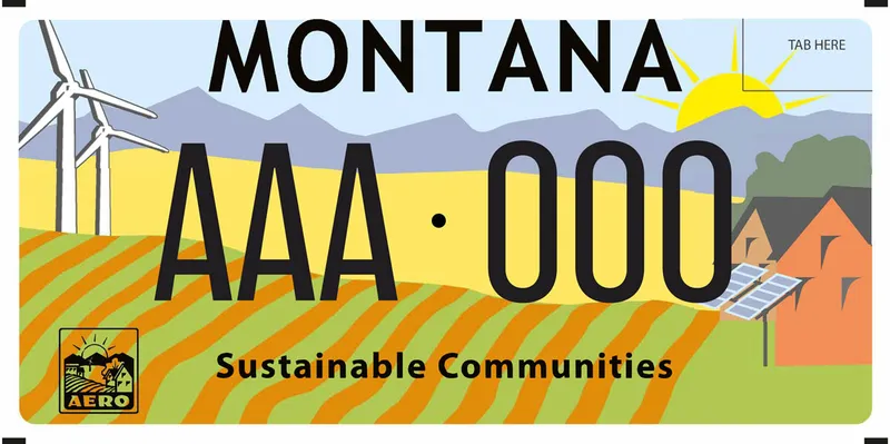A license plate with black text. Illustration of rolling hills, mountains in distance, windmills on left, homes with solar panels on right. AERO logo in bottom left corner. Text at bottom of plate says Sustainable Communities.