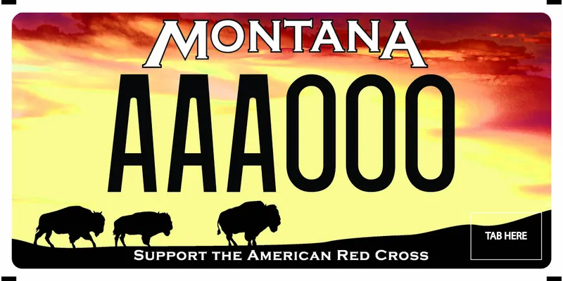 A license plate with white and black text. Silhouettes of three buffalo at bottom with large yellow and orange sky. Text at bottom says Support the American Red Cross.