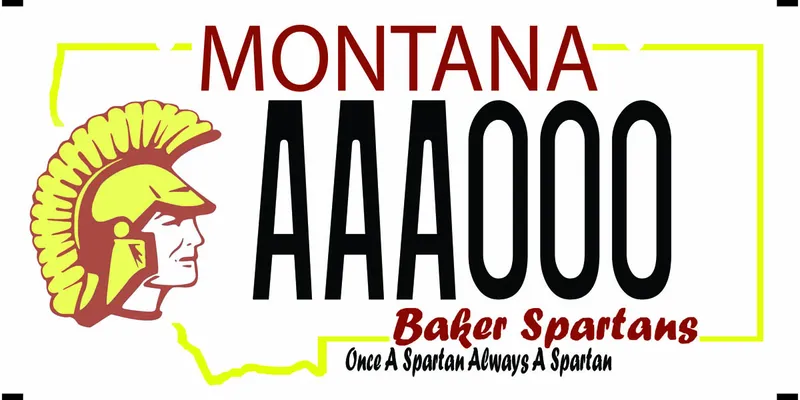 A license white plate with black and rust text. Outline of state in yellow. Spartan helmet and head on left. Text at bottom says Baker Spartans, Once a Spartan, Always a Spartan.