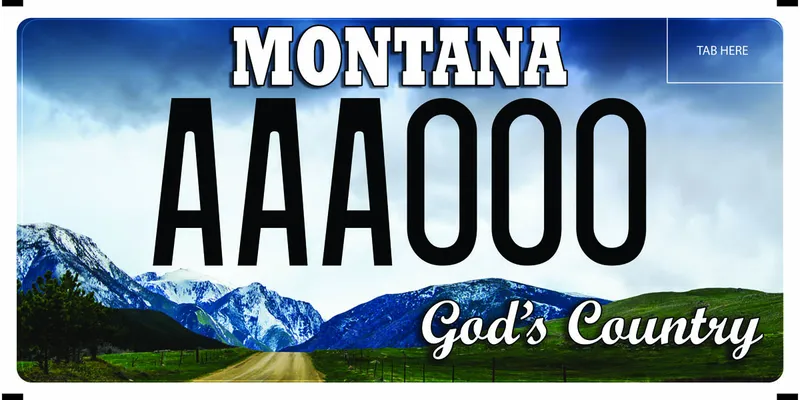 A license plate with white and black text. Photo of country gravel road, mountains in distance, and rolling hills at sides. Text at bottom says God's Country.