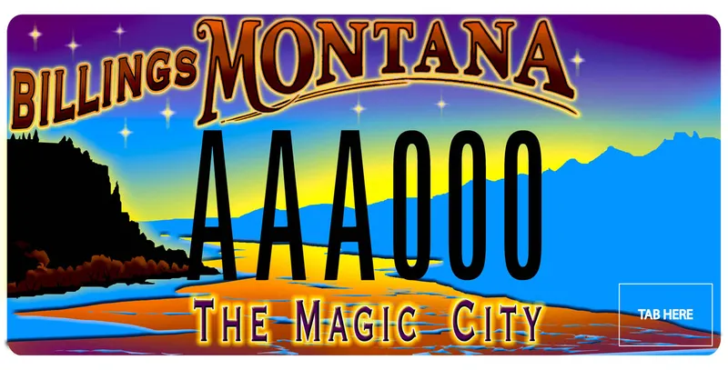 A colorful license plate with black and brown text. Illustration of Yellowstone River, Sacrifice Cliffs, and Beartooth Mountains in distance. Bottom text says The Magic City.