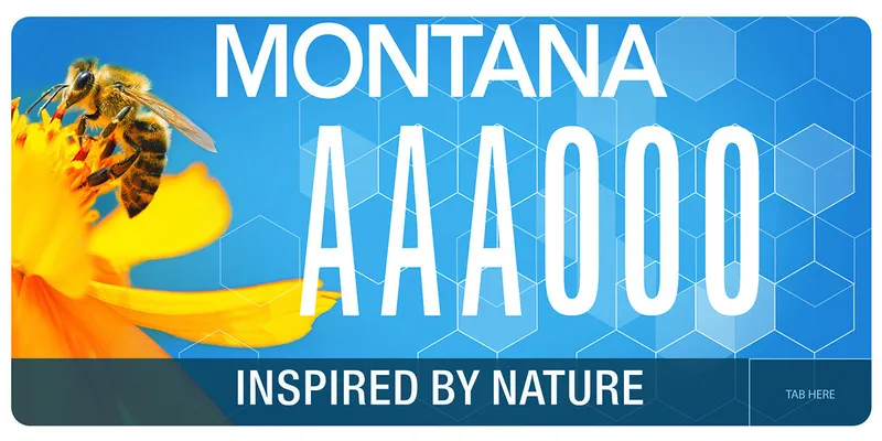 A blue license plate with white text and white honeycomb design. A picture of a honey bee on a yellow flower to the left. Bottom says Inspired by Nature.