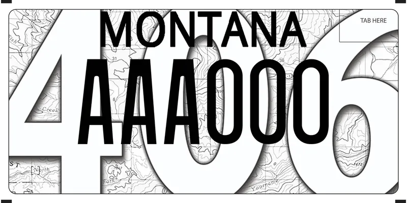 A black and white license plate with black text. Topography lines in background. 406 covers whole plate.