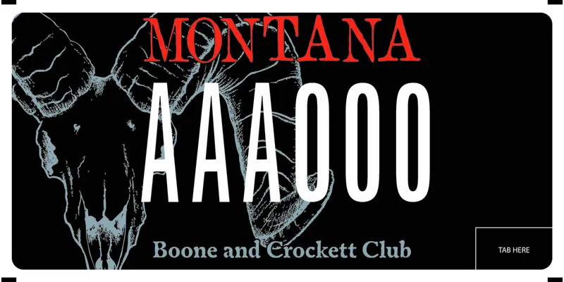 A black license plate with white and red text. A bighorn sheep skull covers half. Bottom text says Boone and Crockett Club.