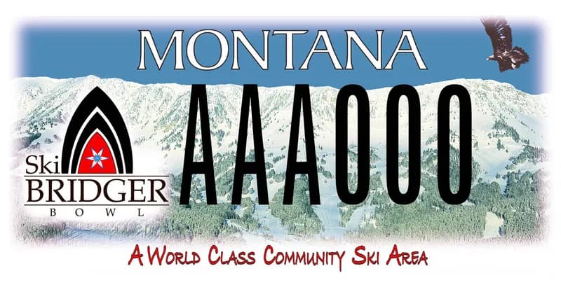 A license plate with white and black text. A photo of bridger bowl ski hill with blue sky. Ski Bridger Bowl logo on left. Bottom text says A World Class Community Ski Area.