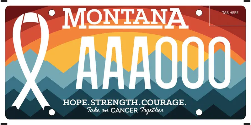 A multi colored license plate with white text a white ribbon on left. Colors are reds, orange, blue, and gray. Bottom says Hope, Strength, Courage. Take on Cancer Together.
