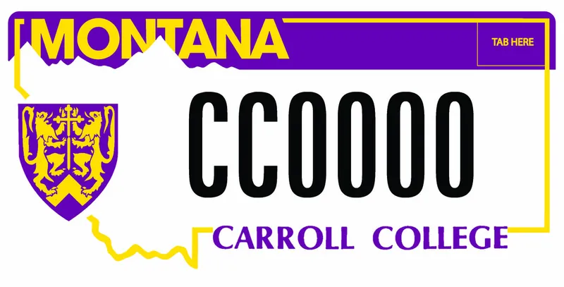 A license plate with black, purple, and yellow text. Yellow outline of state. Carroll college logo on left. Bottom text says Carroll College.