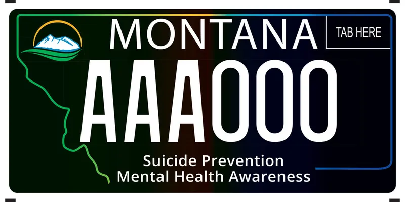 A black license plate with white text. A green, yellow, and blue outline of the state. Bottom text says Suicide Prevention, Mental Health Awareness.