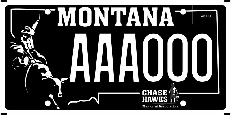 A black license plate with white text. A bull rider on left. Bottom text says Chase Hawks Memorial Association.