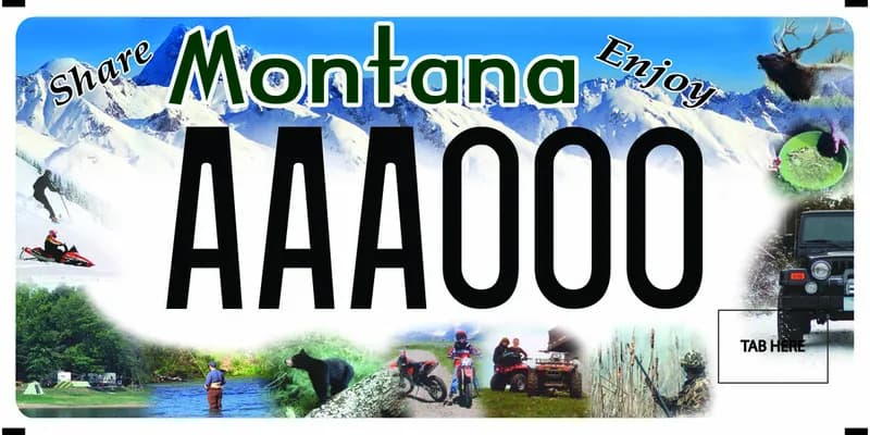 A license plate with black and green text. A busy scene of outdoor recreationists. Snowmobile, ski, fish, camp, dirt bike, four wheeler, jeep, gold panning, elk, and snowy mountains. Top text says Share, Enjoy.