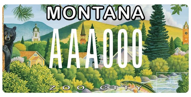 A license plate with white text. A busy scene depicting Missoula. Black bear, river, trout, clock tower, hills, and homes. Bottom text says Zoo City.