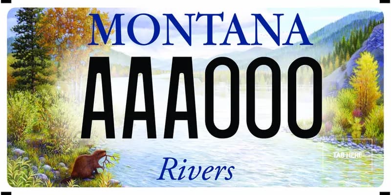 A license plate with black text. An illustration of a tree lined river and a beaver with a branch in its mouth. Bottom text says Rivers.