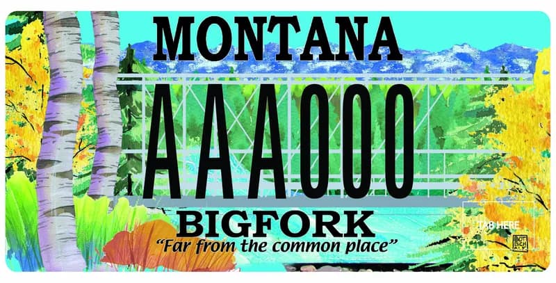 A license plate with black text. An illustration of a bridge, aspens, river, and mountains. Bottom text says Bigfork, Far From the Common Place.