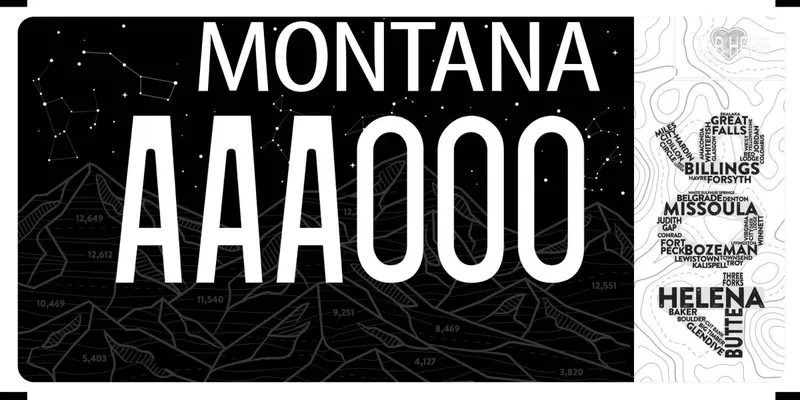 A license plate with black background on three fourths of plate. Sketched mountains showing elevation and sky showing constellations. One fourth of plate is white background with gray topography lines and a word cloud "406" made up of Montana city names.