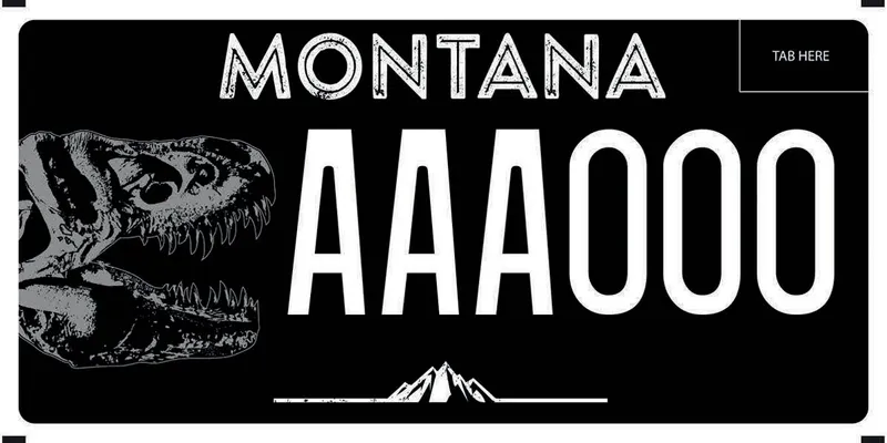 A black license plate with white text. A tyrannosaurus skull is on left.