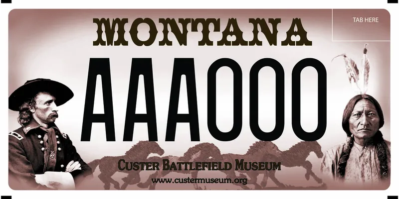 A license plate with black and brown text. Picture of General Custer on left and Sitting Bull on right. Running horses in middle. Bottom text says Custer Battlefield Museum and Custer Museum dot org.