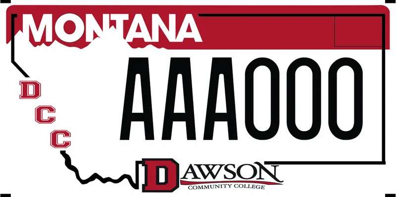 A white license plate with black and white text. Black outline of state with red border at top of plate. D C C at left. Bottom text says Dawson Community College.