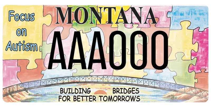 A license plate with black and light blue text. Background is multi colored puzzle pieces with a long bridge. Upper left says Focus on Autism. Bottom text says Building Bridges for Better Tomorrows.