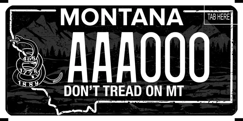 A black license plate with a white outline of the state and white text. A coiled rattlesnake on left side and says 406 1776 1889.