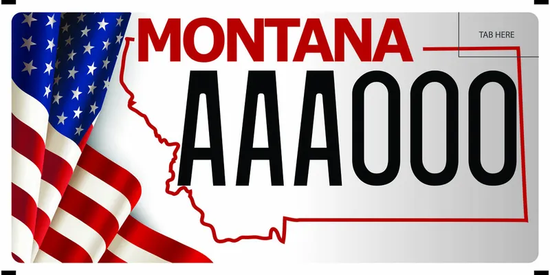 A white license plate with black and red text. Rippled American flag on left. Red outline of state.