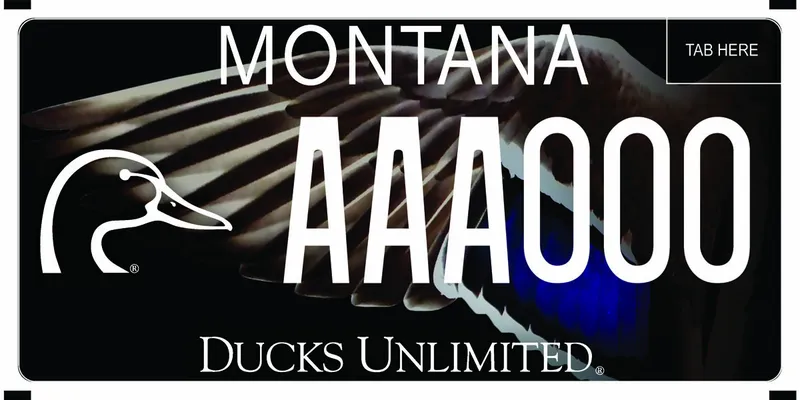 A muted black license plate with white text. An outline of a duck on left. A duck's wing as background. Bottom says Ducks Unlimited.