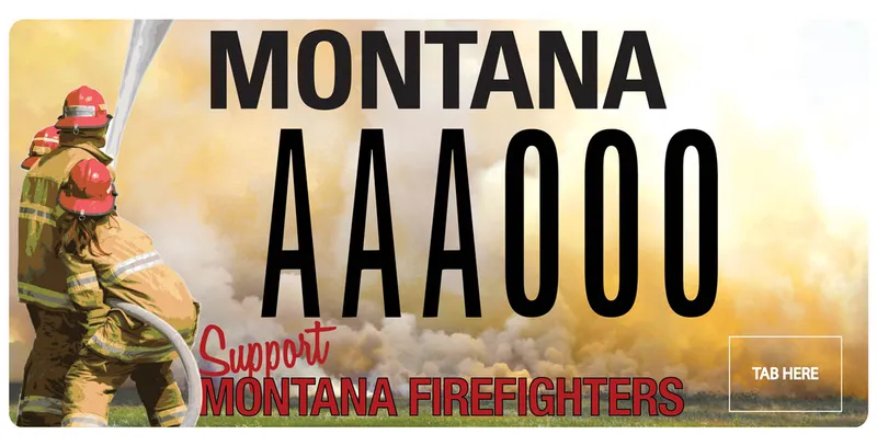 A license plate with black and red text. Photo of three firefighters with hose battling a fire. Thick billowing smoke in background. Bottom text says Support Montana Firefighters.