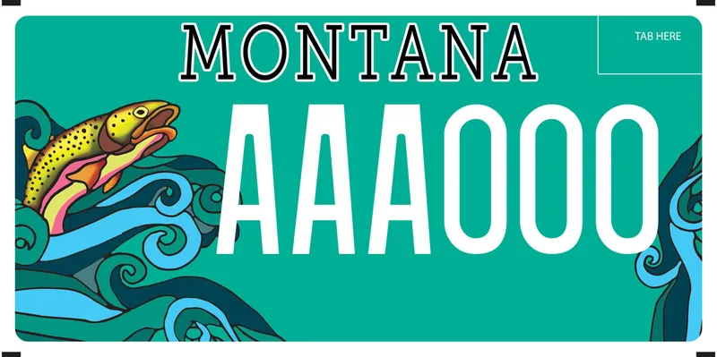 A license plate with white and black text. Background is seaform green. Illustration of a rainbow trout on left side.
