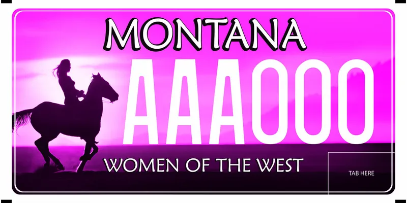 A hot pink license plate with white text. A silhouette of a woman on horseback on left side. Bottom text says Women of the West.