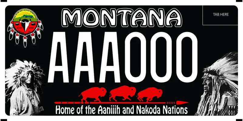 A black license plate with white text. Images of Nakoda chiefs on both bottom corners. Three red buffalo along a red arrow on bottom. Bottom says Home of the Aaniih and Nakoda Nations.