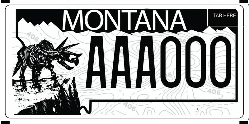 A black and white license plate with black and white text. Black outline of state with topography lines. Skeleton of Triceratops on bluff on left side.