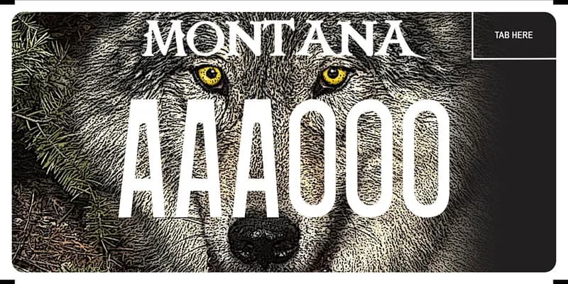 A black license plate with white text. An illustrated gray wolf face across whole plate.