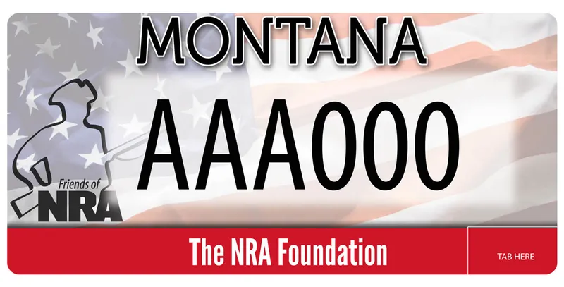 A license plate with black and white text. Transparent rippling American flag in background. Friends of the NRA on left side. Bottom says The NRA Foundation in red banner.