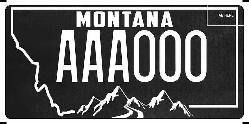 A black plate with white text with white outline of state. Mountain and highway graphic along bottom.