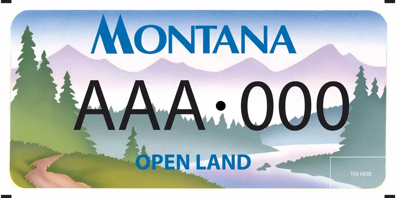 A license plate with black and blue text. Illustration of wild landscape of river, mountain, and pine trees. Bottom says Open Land.
