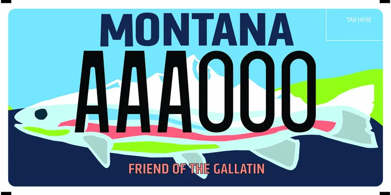 A license plate with black, blue, and peach text. Illustration of trout, sky, and mountain peak. Bottom says Friend of the Gallatin.
