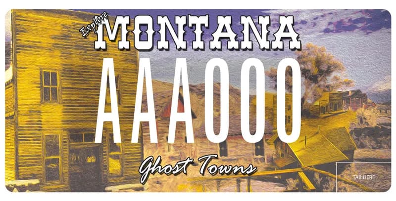 A license plate with white text. Illustration of ghost town with old buildings. Bottom says Ghost Towns.