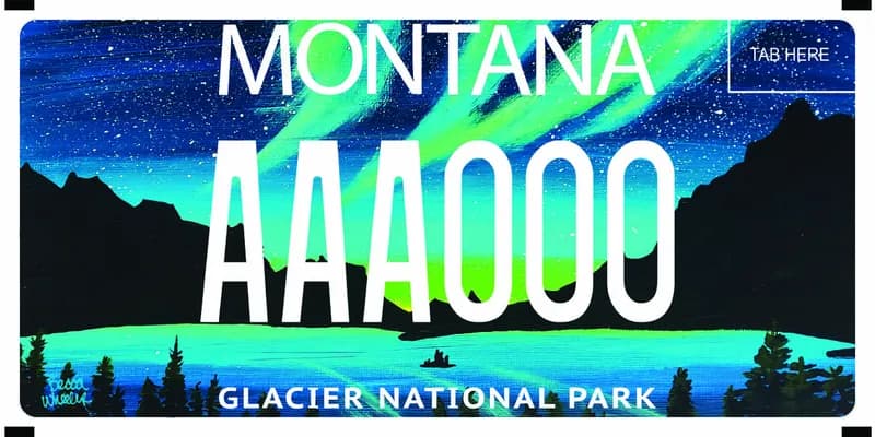 A license plate with white text. Illustration of Lake McDonald with night sky filled with aurora borealis and stars. Bottom says Glacier National Park.