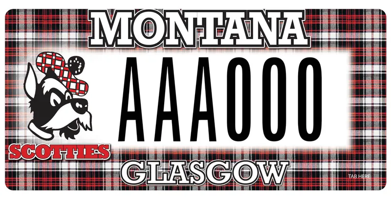A license plate with black, red, and white text. Plate border is black and red plaid. Scotties logo on left side. Bottom says Glasgow.