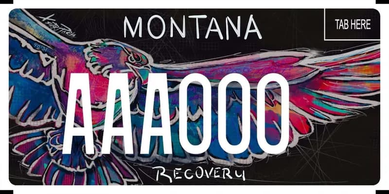 A black license plate with white text. An illustrated purple, blue, pink, and green eagle across plate. Bottom says Recovery.