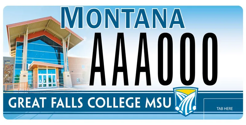 A blue license plate showing a college building on the left. Bottom says Great Falls College MSU.
