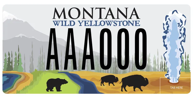 A license plate with black and blue text. An illustration of yellowstone landscape with geyser, buffalo, and bear silhouettes. Top says Wild Yellowstone.