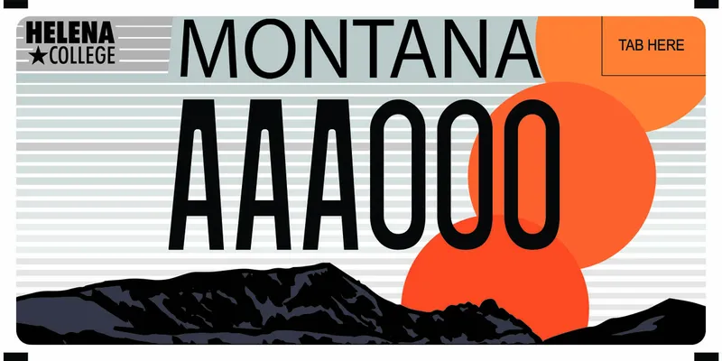 A license plate with black text. Illustrated black and gray mountains along bottom with three orange suns above peak. Helena College in upper left corner.