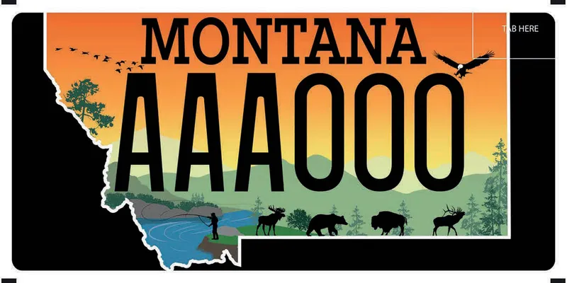 A license plate with black text. A white outline of state against black background. State is filled with illustration of wildlife scene of geese flying, fly fisherman, moose, bear, buffalo, and elk.