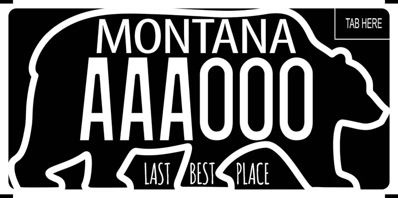 A black license plate with white text. White outline of bear across whole plate. Bottom says Last Best Place.