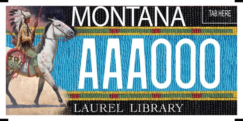 A license plate with beadwork as background and white text. A Native American wearing a headdress on a painted white horse on left side. Bottom says Laurel Library.