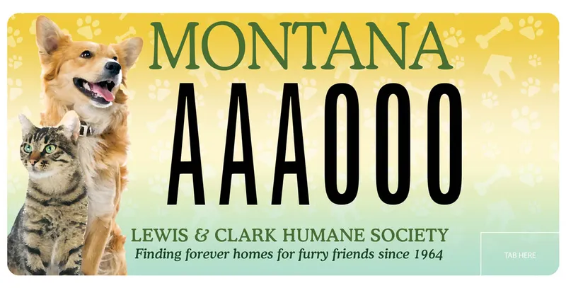 A license plate with black and forest green text. A dog and cat are on left and paw prints, bones, and a dog house pattern fill plate. Bottom says Lewis & Clark Humane Society, Finding Forever Homes for Furry Friends Since 1964.