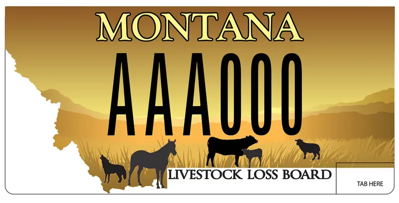 A license plate with black and yellow text. Cut out of state has illustration of landscape with silhouettes of wolf, horse, cows, and sheep. Bottom says Livestock Loss Board.